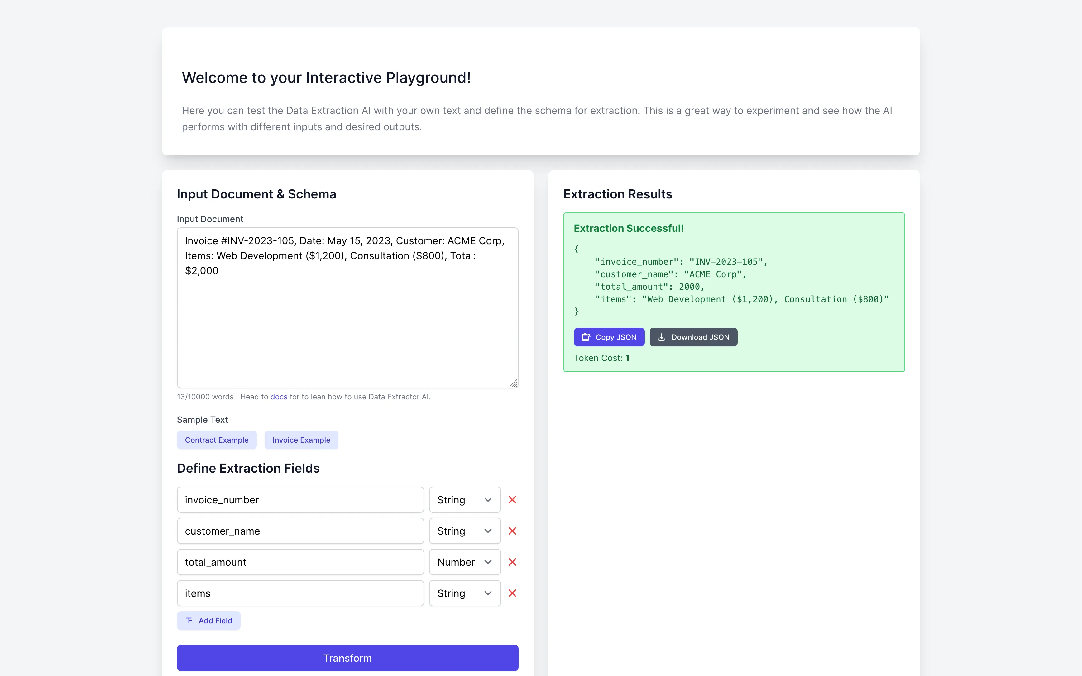 DataExtractorAI Playground Screenshot